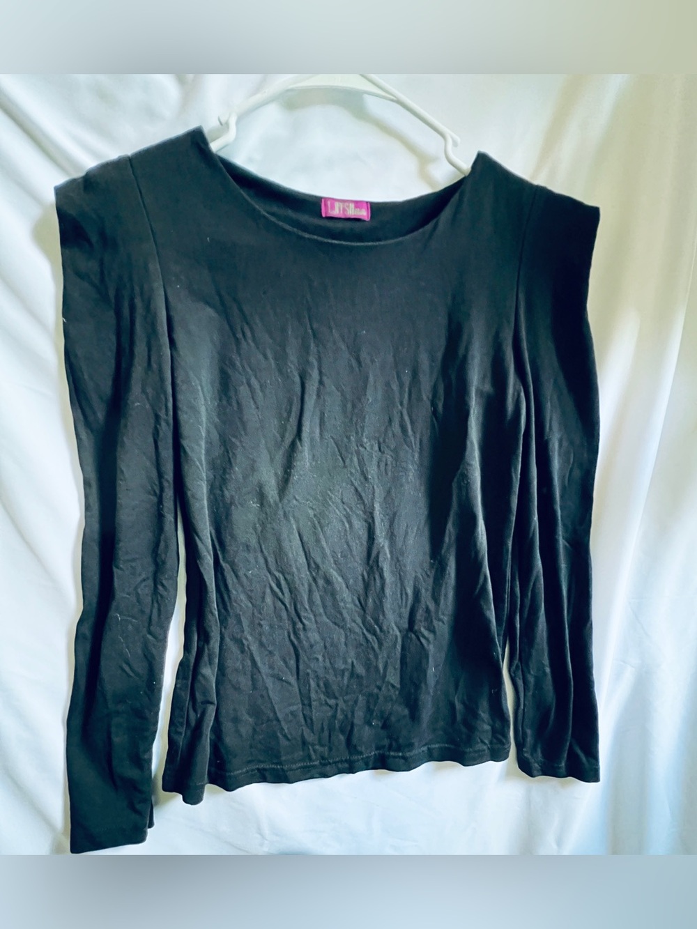 Black Padded Shoulder Long Sleeve Top Crew Neck Blouse
